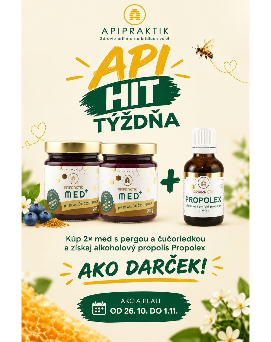 2× Med s pergou a čučoriedkou + Propolex ako darček